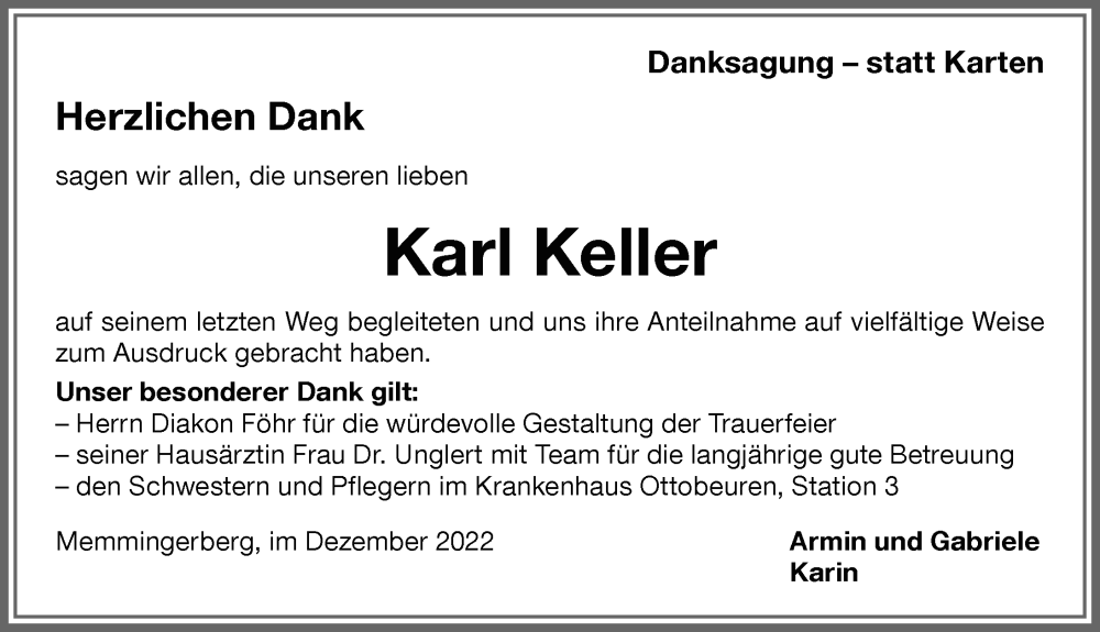  Traueranzeige für Karl Keller vom 06.12.2022 aus Memminger Zeitung