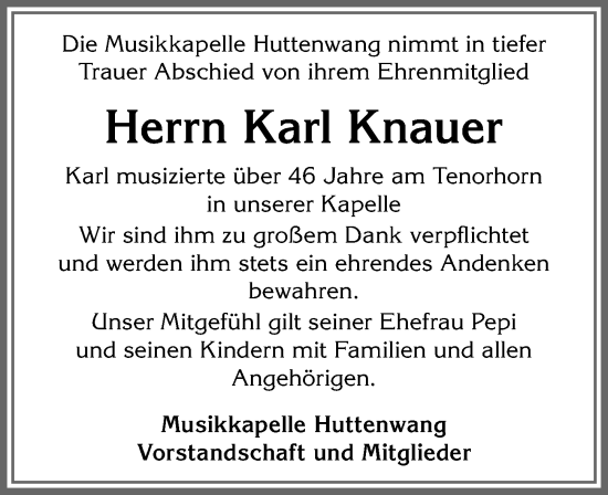 Traueranzeige von Karl Knauer von Allgäuer Zeitung, Marktoberdorf