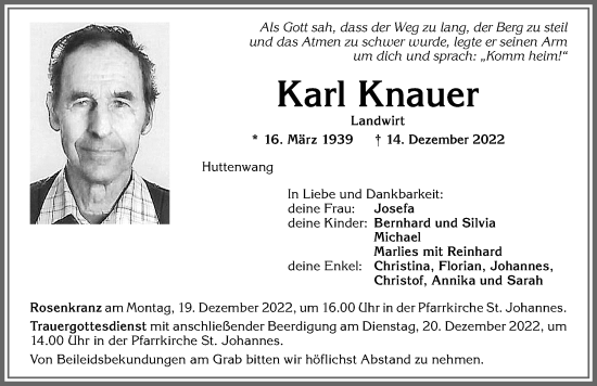 Traueranzeige von Karl Knauer von Allgäuer Zeitung, Marktoberdorf