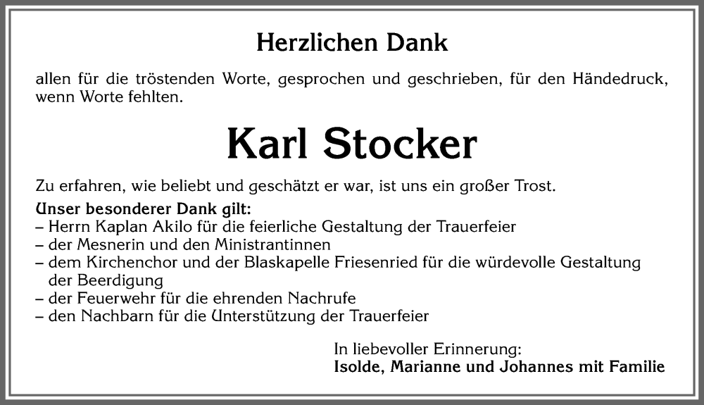  Traueranzeige für Karl Stocker vom 03.12.2022 aus Allgäuer Zeitung, Kaufbeuren/Buchloe