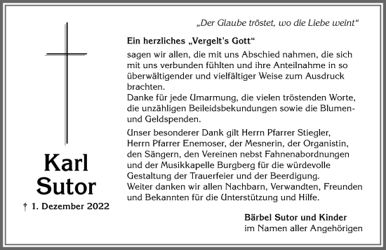 Traueranzeige von Karl Sutor von Allgäuer Anzeigeblatt