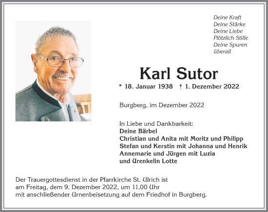 Traueranzeige von Karl Sutor von Allgäuer Anzeigeblatt