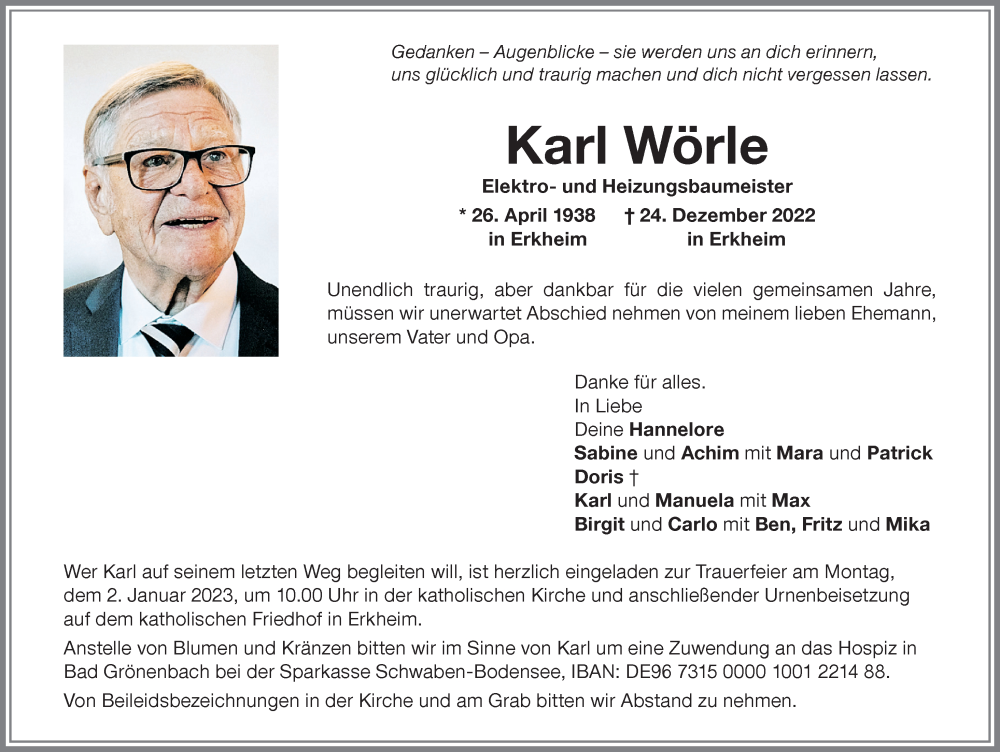  Traueranzeige für Karl Wörle vom 29.12.2022 aus Memminger Zeitung
