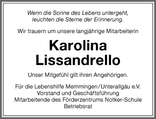Traueranzeige von Karolina Lissandrello von Memminger Zeitung