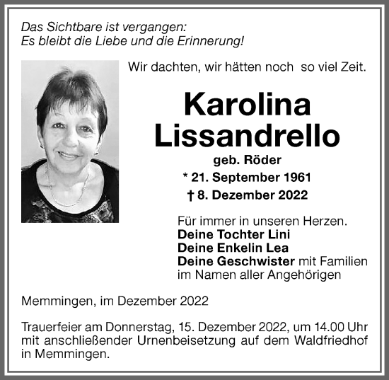 Traueranzeige von Karolina Lissandrello von Memminger Zeitung