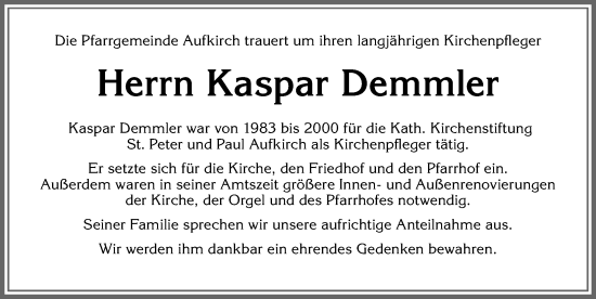 Traueranzeige von Kaspar Demmler von Allgäuer Zeitung, Kaufbeuren/Buchloe