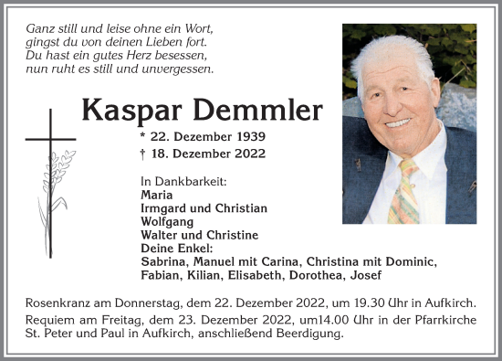 Traueranzeige von Kaspar Demmler von Allgäuer Zeitung, Kaufbeuren/Buchloe