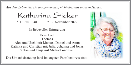 Traueranzeige von Katharina Sticker von Allgäuer Zeitung, Marktoberdorf