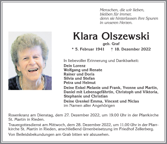 Traueranzeige von Klara Olszewski von Allgäuer Zeitung, Kaufbeuren/Buchloe