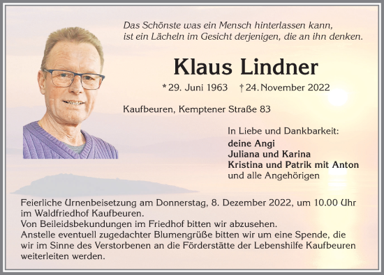 Traueranzeige von Klaus Lindner von Allgäuer Zeitung, Kaufbeuren/Buchloe