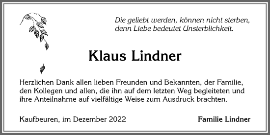 Traueranzeige von Klaus Lindner von Allgäuer Zeitung, Kaufbeuren/Buchloe