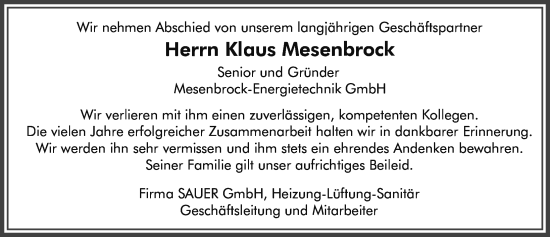 Traueranzeige von Klaus Mesenbrock von Allgäuer Zeitung, Marktoberdorf