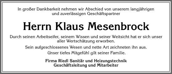 Traueranzeige von Klaus Mesenbrock von Allgäuer Zeitung, Marktoberdorf