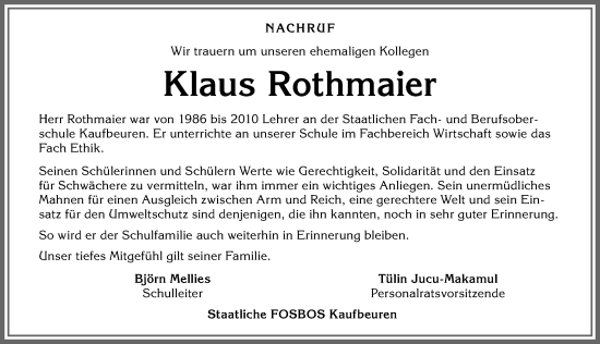 Traueranzeige von Klaus Rothmaier von Allgäuer Zeitung, Kaufbeuren/Buchloe