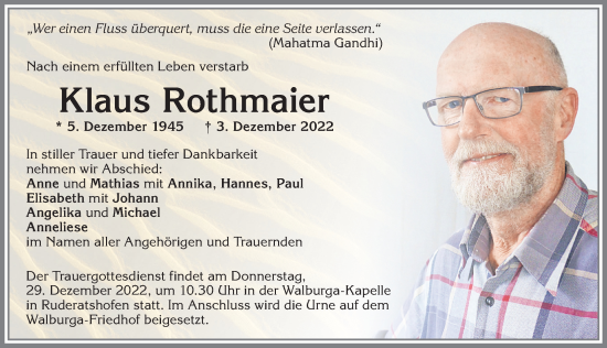 Traueranzeige von Klaus Rothmaier von Allgäuer Zeitung, Kaufbeuren/Buchloe