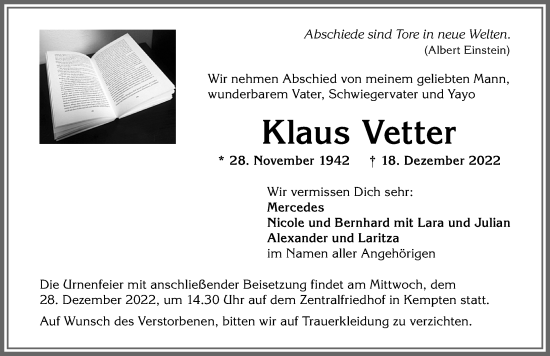 Traueranzeige von Klaus Vetter von Allgäuer Zeitung,Kempten