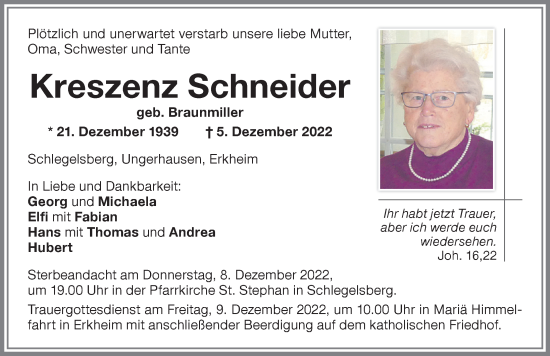 Traueranzeige von Kreszenz Schneider von Memminger Zeitung