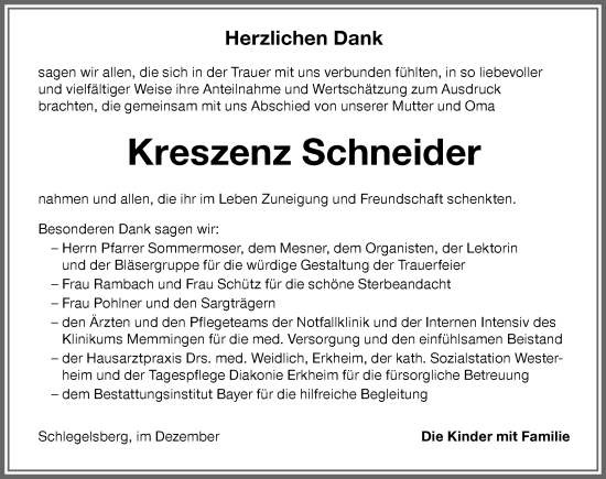 Traueranzeige von Kreszenz Schneider von Memminger Zeitung