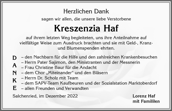 Traueranzeige von Kreszenzia Haf von Allgäuer Zeitung, Marktoberdorf