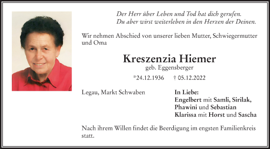 Traueranzeige von Kreszenzia Hiemer von Memminger Zeitung