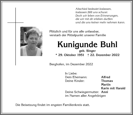 Traueranzeige von Kunigunde Buhl von Allgäuer Anzeigeblatt