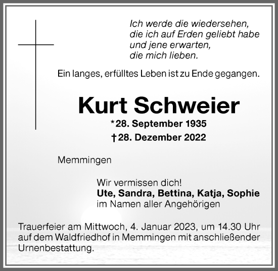 Traueranzeige von Kurt Schweier von Memminger Zeitung