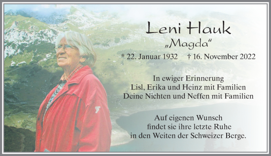 Traueranzeige von Leni Hauk von Allgäuer Zeitung, Füssen