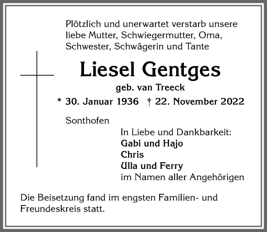 Traueranzeige von Liesel Gentges von Allgäuer Anzeigeblatt