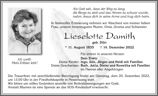 Traueranzeige von Lieselotte Damith von Allgäuer Zeitung, Füssen