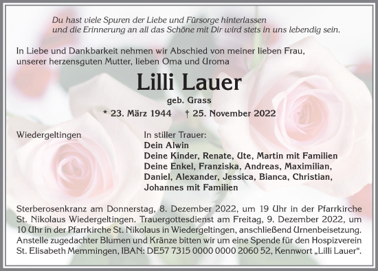 Traueranzeige von Lilli Lauer von Augsburger Allgemeine, Mindelheimer Zeitung