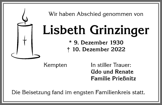 Traueranzeige von Lisbeth Grinzinger von Allgäuer Zeitung,Kempten