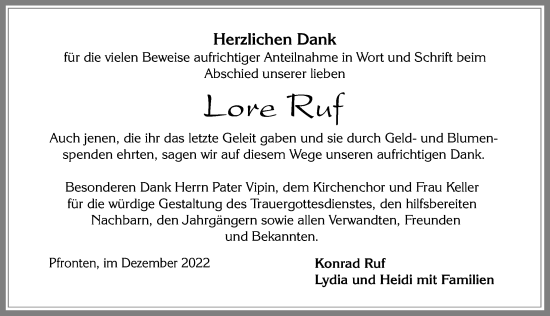 Traueranzeige von Lore Ruf von Allgäuer Zeitung, Füssen