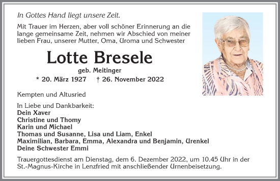 Traueranzeige von Lotte Bresele von Allgäuer Zeitung,Kempten