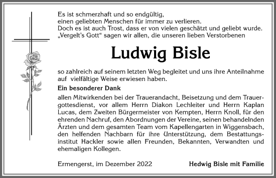 Traueranzeige von Ludwig Bisle von Augsburger Allgemeine, Mindelheimer Zeitung