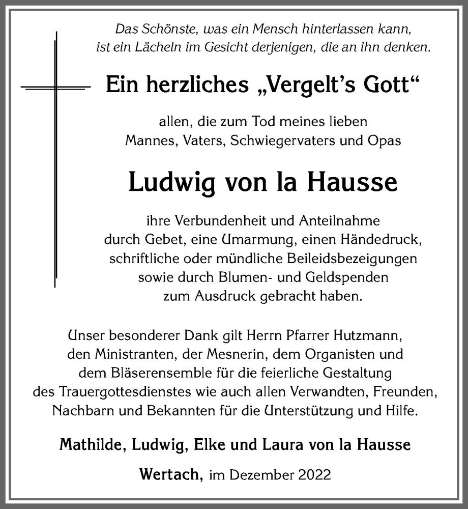  Traueranzeige für Ludwig von la Hausse vom 17.12.2022 aus Allgäuer Anzeigeblatt