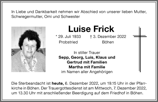 Traueranzeige von Luise Frick von Memminger Zeitung