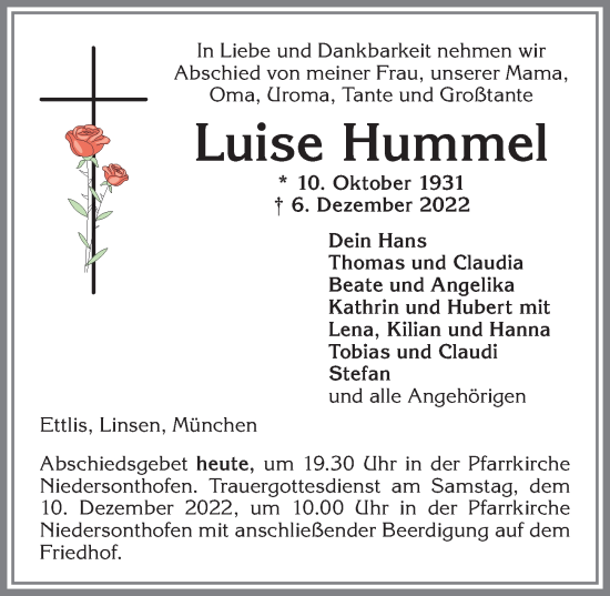 Traueranzeige von Luise Hummel von Allgäuer Anzeigeblatt