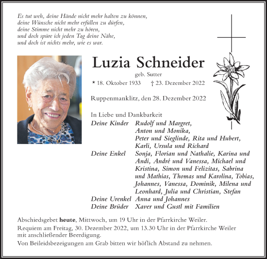Traueranzeige von Luzia Schneider von Der Westallgäuer