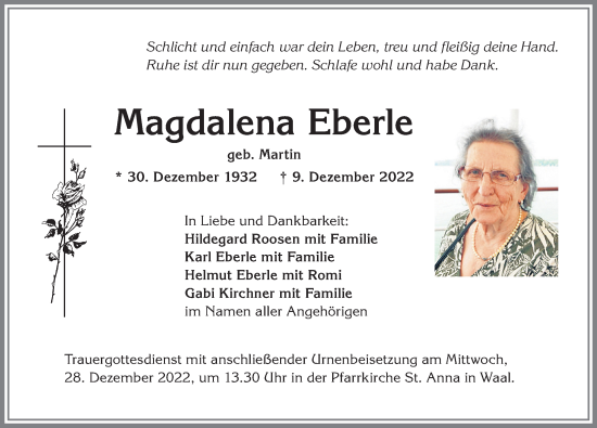 Traueranzeige von Magdalena Eberle von Allgäuer Zeitung, Kaufbeuren/Buchloe