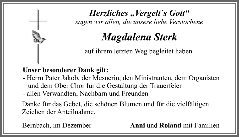  Traueranzeige für Magdalena Sterk vom 10.12.2022 aus Allgäuer Zeitung, Marktoberdorf