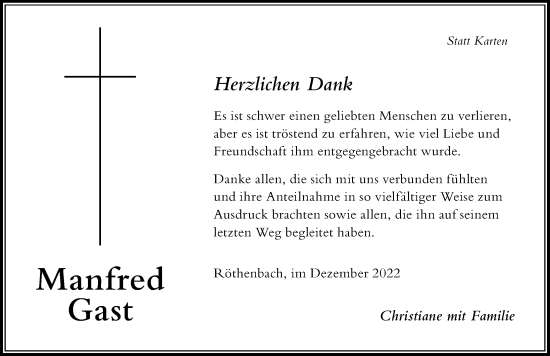 Traueranzeige von Manfred Gast von Der Westallgäuer