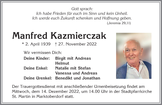 Traueranzeige von Manfred Kazmierczak von Allgäuer Zeitung, Marktoberdorf