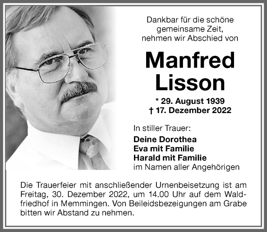 Traueranzeige von Manfred Lisson von Memminger Zeitung