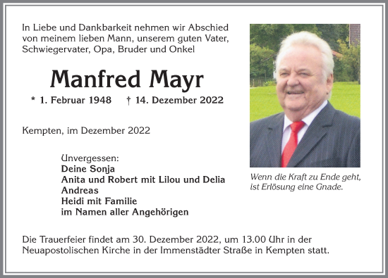 Traueranzeige von Manfred Mayr von Allgäuer Zeitung,Kempten