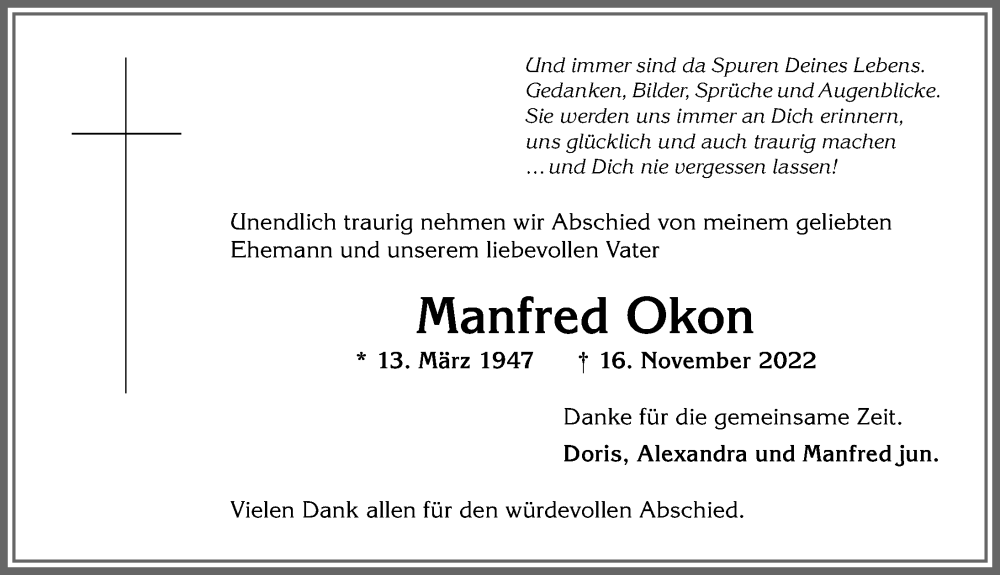  Traueranzeige für Manfred Okon vom 10.12.2022 aus Allgäuer Anzeigeblatt