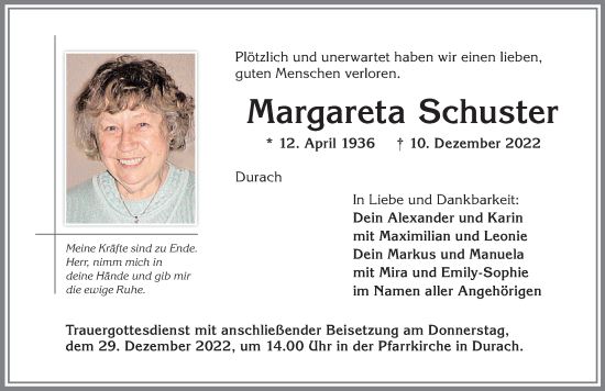 Traueranzeige von Margareta Schuster von Allgäuer Zeitung,Kempten