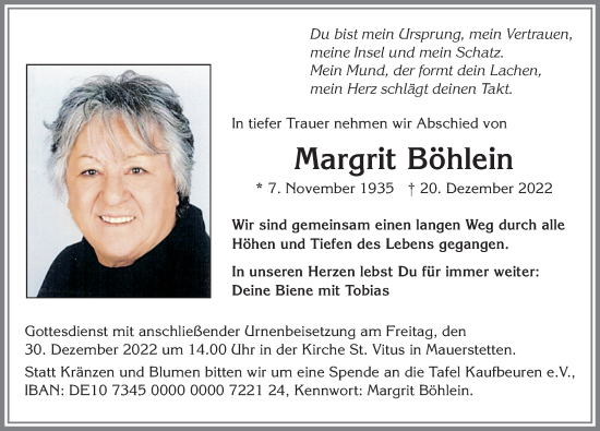 Traueranzeige von Margrit Böhlein von Allgäuer Zeitung, Kaufbeuren/Buchloe