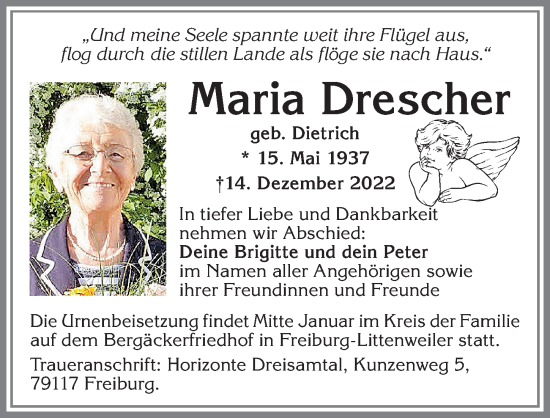 Traueranzeige von Maria Drescher von Allgäuer Zeitung, Kaufbeuren/Buchloe