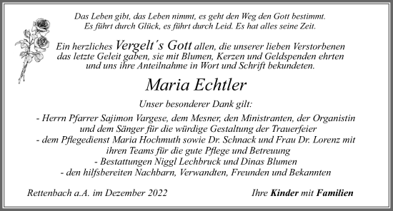 Traueranzeige von Maria Echtler von Allgäuer Zeitung, Marktoberdorf