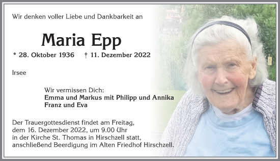 Traueranzeige von Maria Epp von Allgäuer Zeitung, Kaufbeuren/Buchloe
